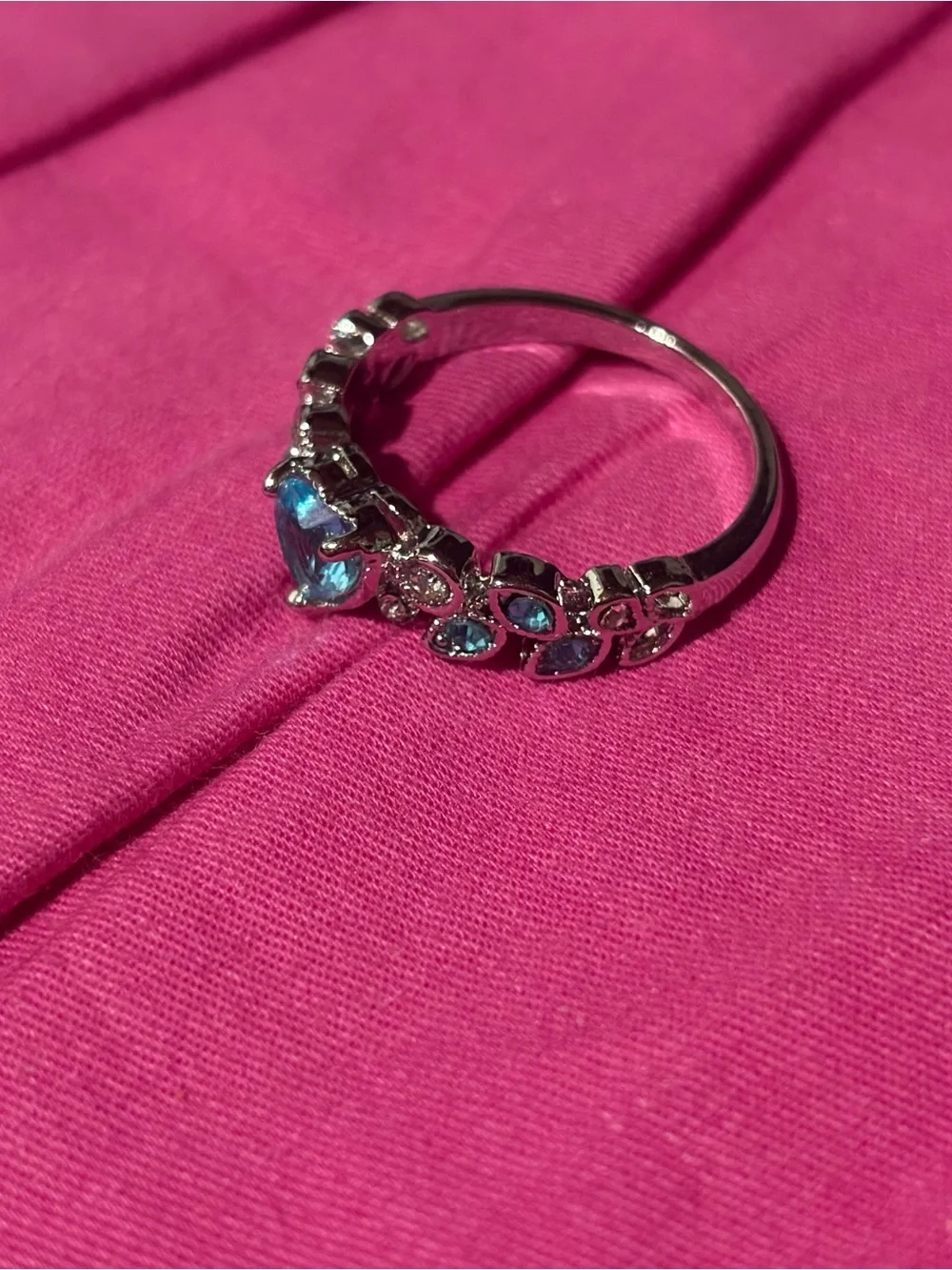 Size 11 Heart-Cut Blue Stone Silver-Tone Ring with Clear Accents
